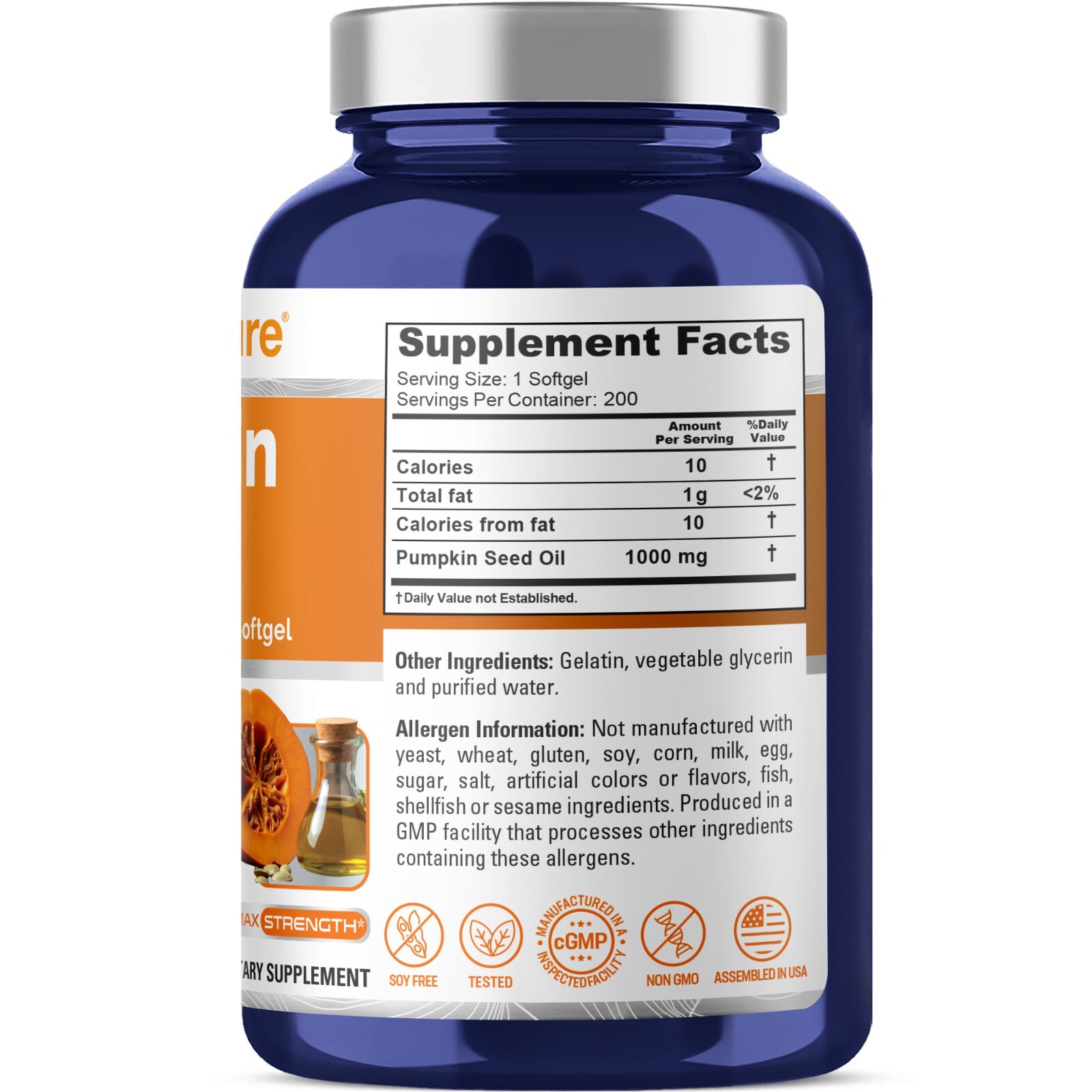 NusaPure Pumpkin Seed Oil 1000mg 200 Softgel Capsules (Non-GMO, Gluten Free)
