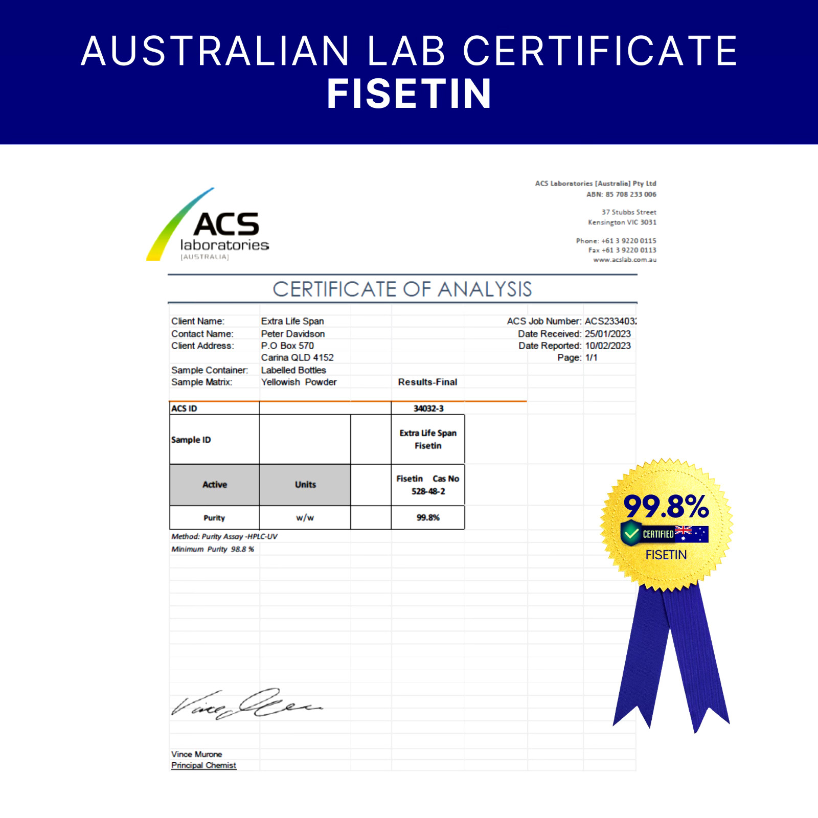 Fisetin 99.8% Quercetin 99.8% Australia 500mg 3 x 60s Extra Lifespan Supplements