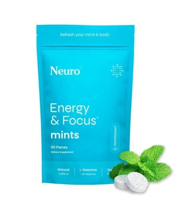 New Neuro Mints Energy and Focus 90 Pieces Peppermint Natural Caffeine Exp. 2/ #