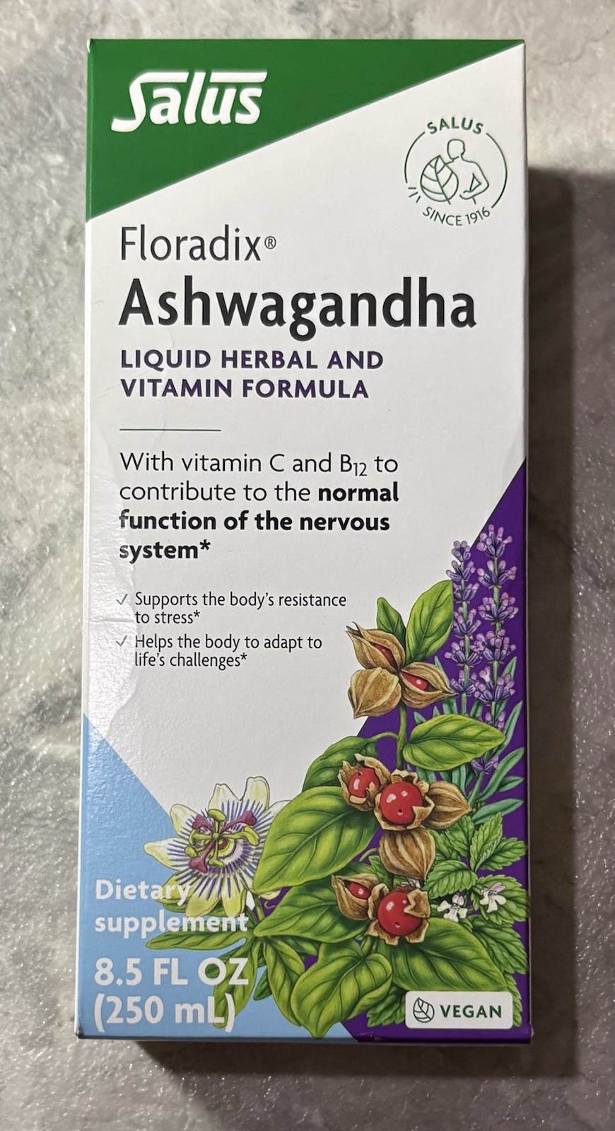Floradix Ashwagandha Liquid Herbal & Vitamin Formula Supplement 8.5oz Vegan NIB