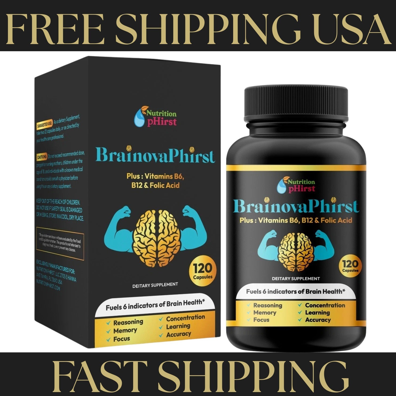 BrainovaPhirst Brain Support Supplement – Memory, Focus & Clarity – 120 Caps US