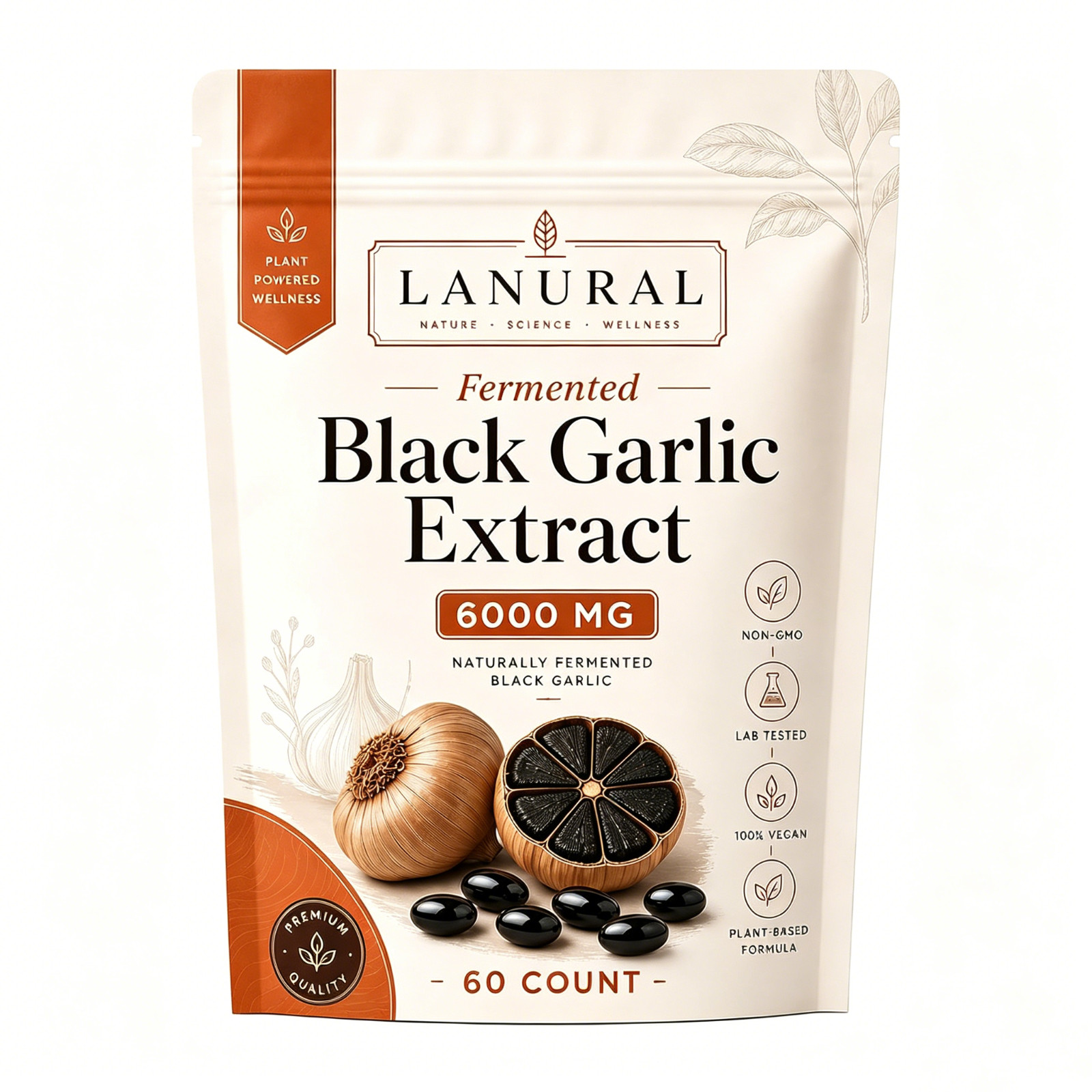 Lanural Fermented Black Garlic, Odorless Capsules, 60 Count