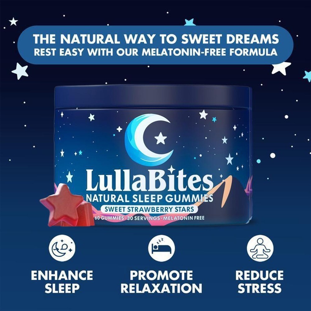 2 PACKS–NEW LullaBites Natural Sleep Gummies Strawberry Stars Flavor 60 Gummies