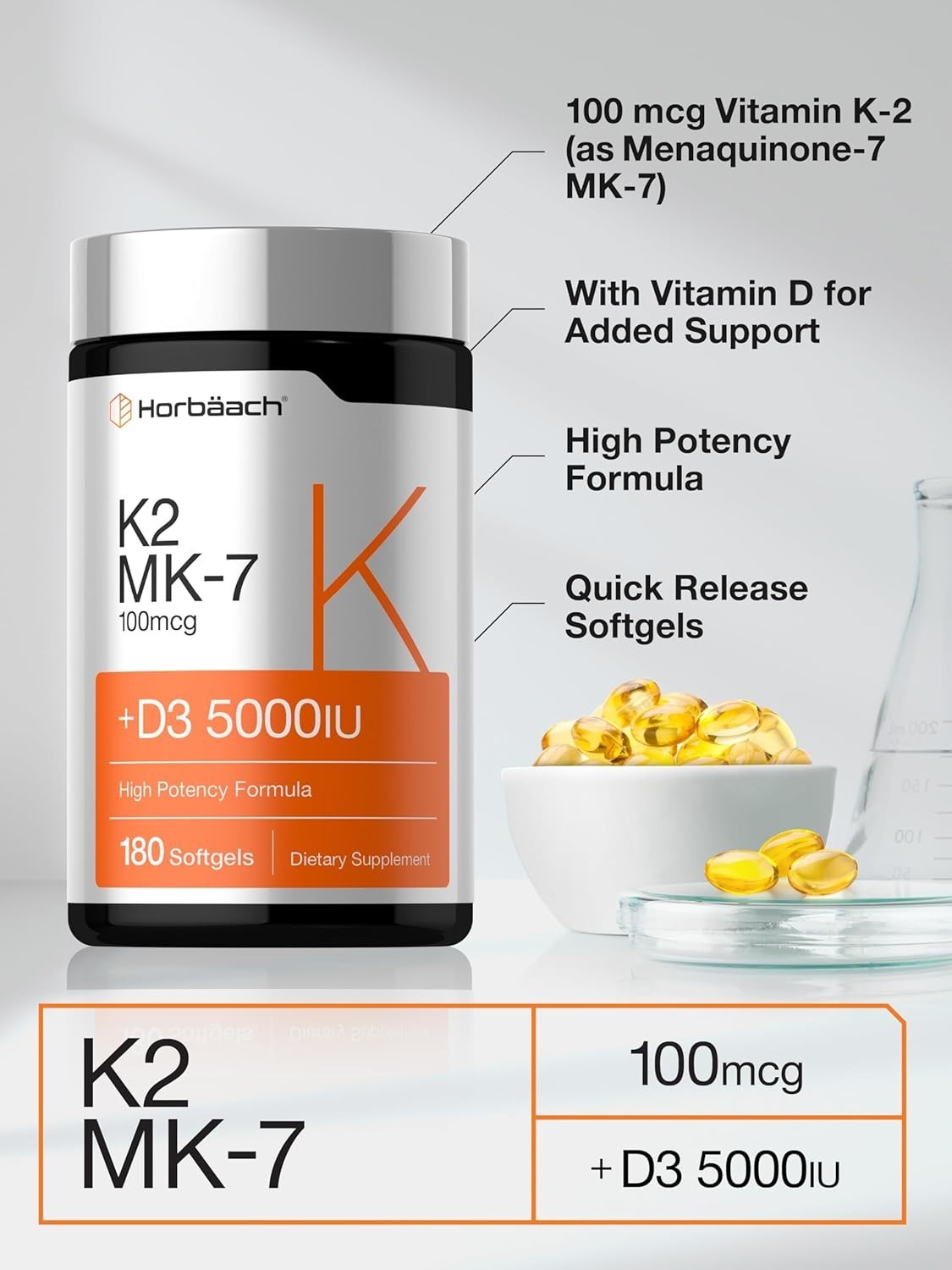 Vitamin K2 MK7 with D3 Supplement | 180 Softgels | D3 5000 IU | by Horbaach