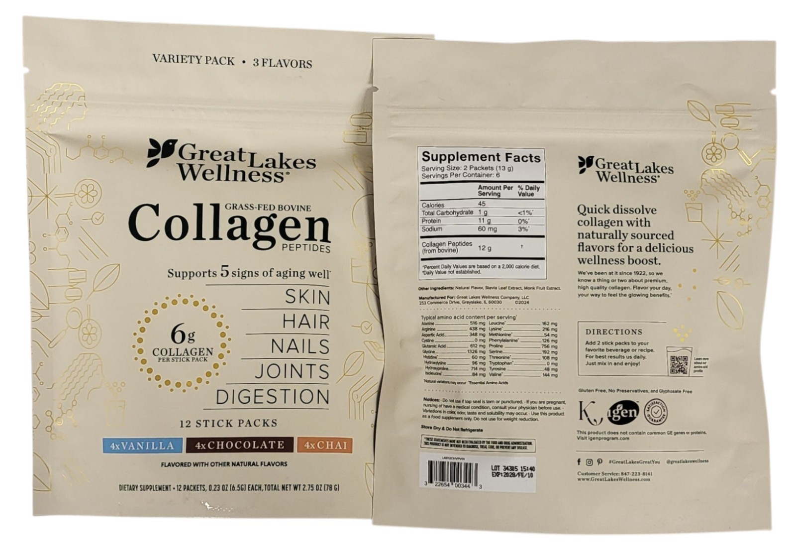 (24 Packets) Great Lakes Wellness Variety Pack Bovine Collagen Peptides 2/28