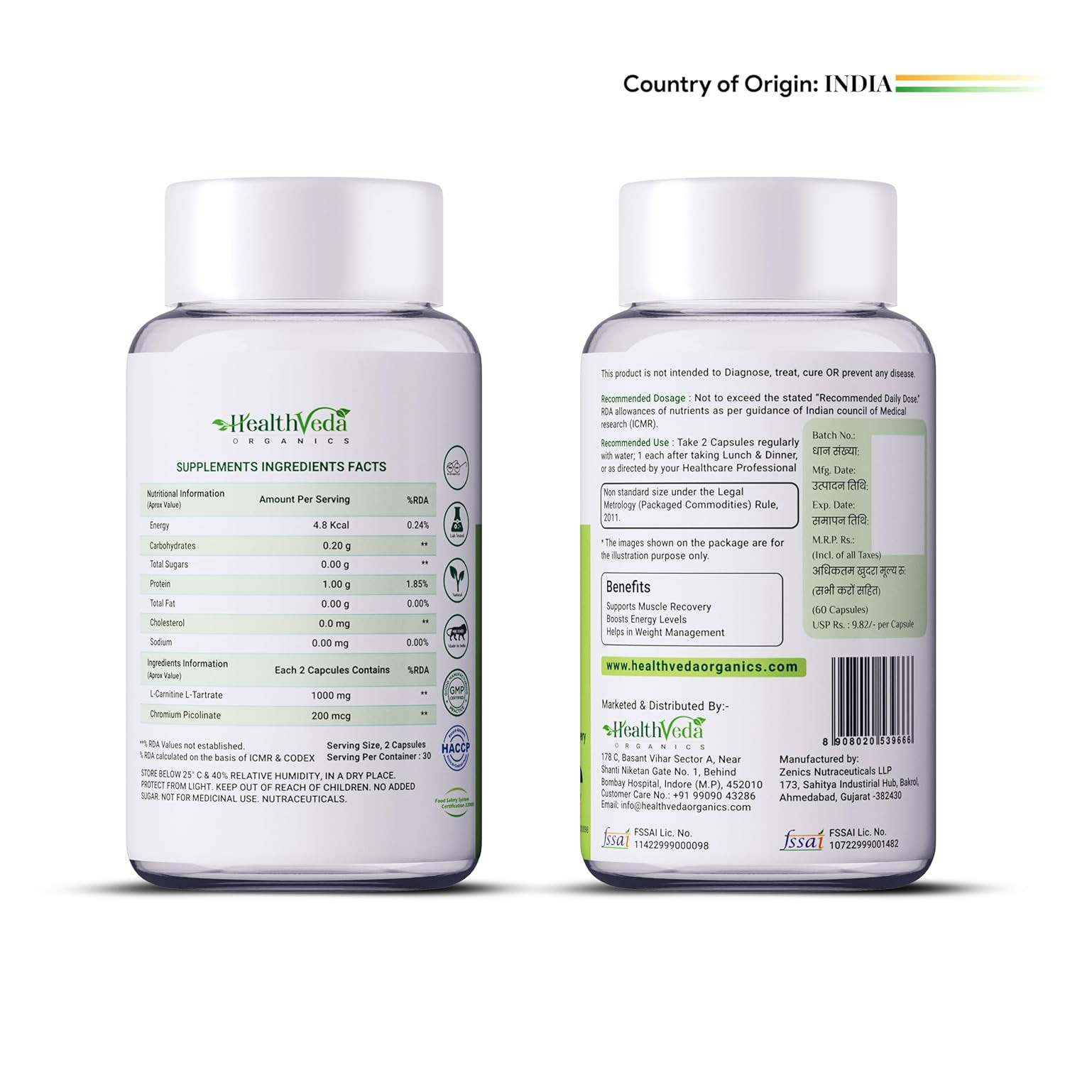 Health Veda Organics L Carnitine L-Tartrate, 1000mg For Men & Women 60 Veg cap