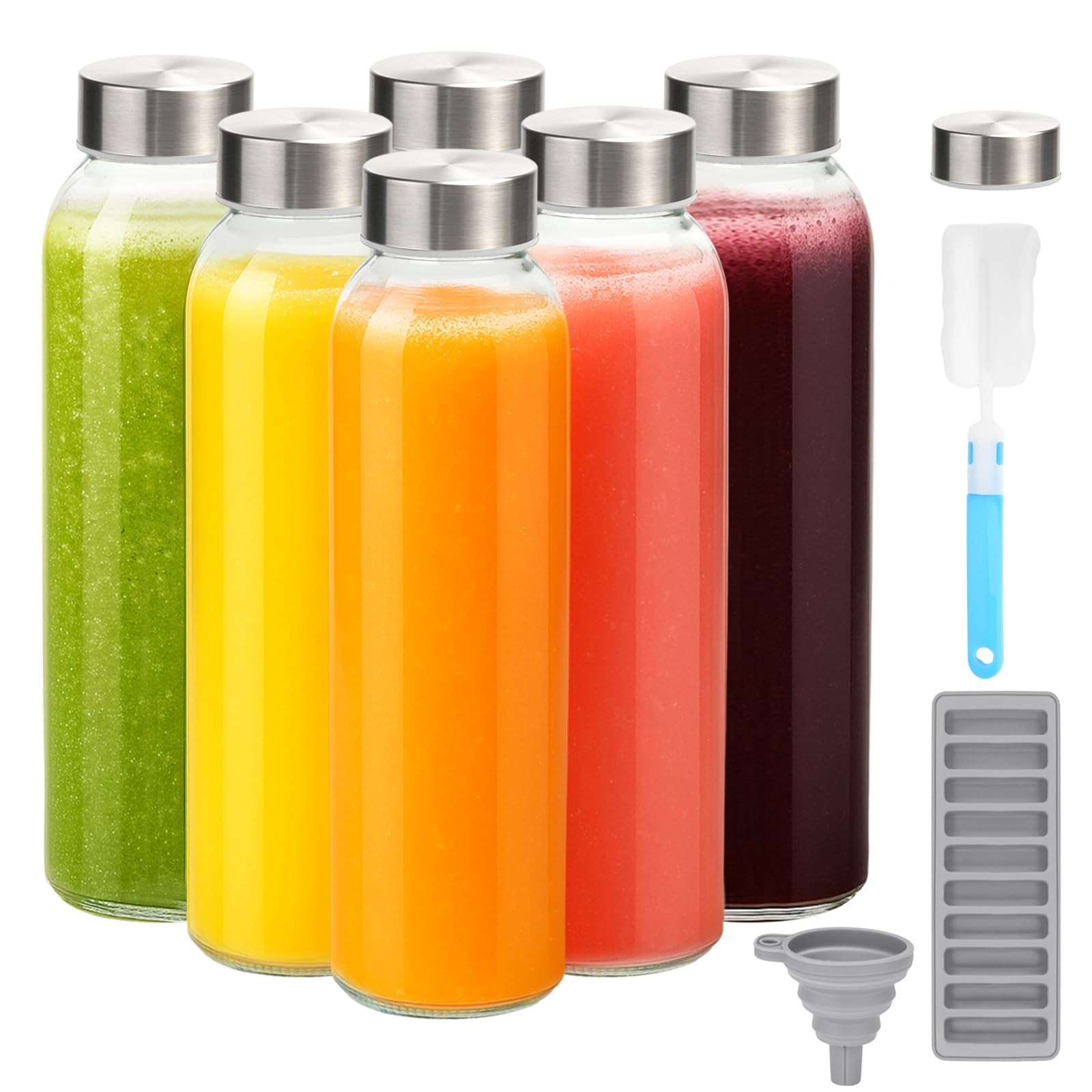 Zukro Glass Juice Bottles with Lids for Juicing 18 oz, 18 Silver-6 counts