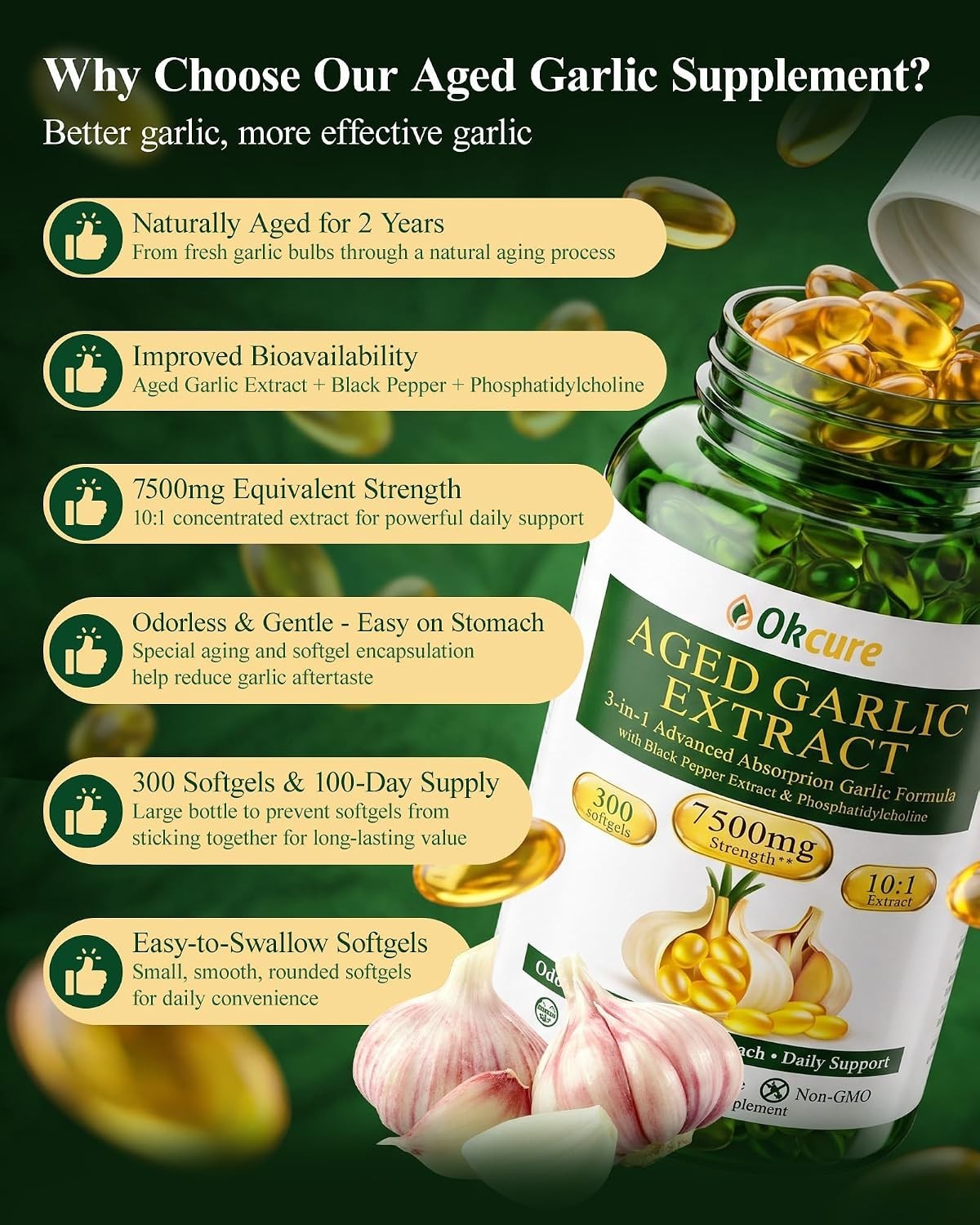 Aged Garlic Extract, 300 Softgels Odorless Garlic Supplement, 3-in-1 (Black Pepp