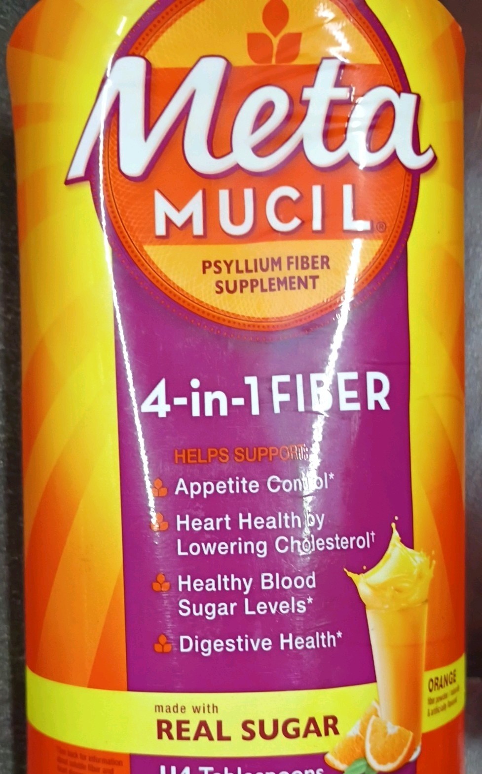 Metamucil Psyllium Supplement 4-in-1 Fiber, REAL SUGAR Orange 3lb Exp 10/26