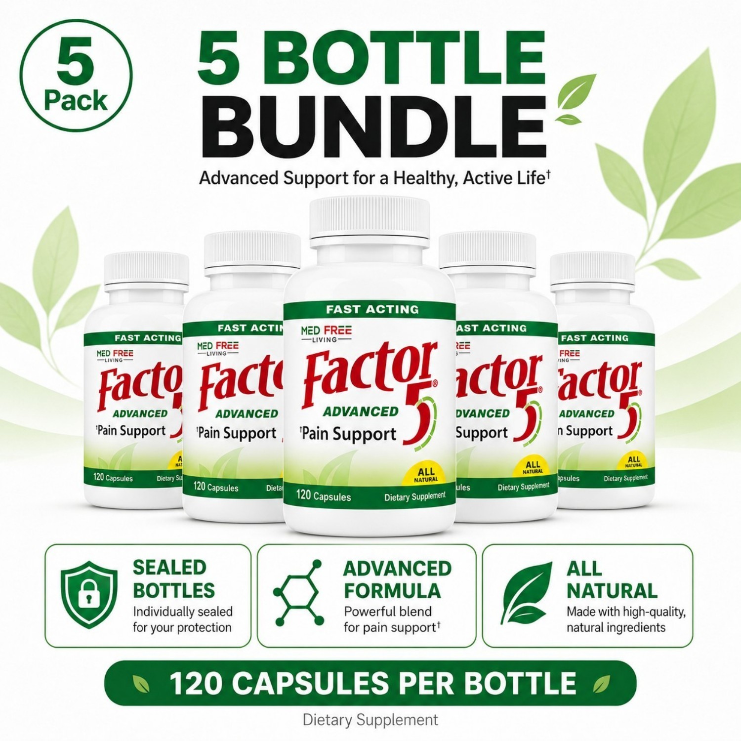 Med Free Living Factor 5 Joint Muscle Support Complex 120 Caps Five Bottles