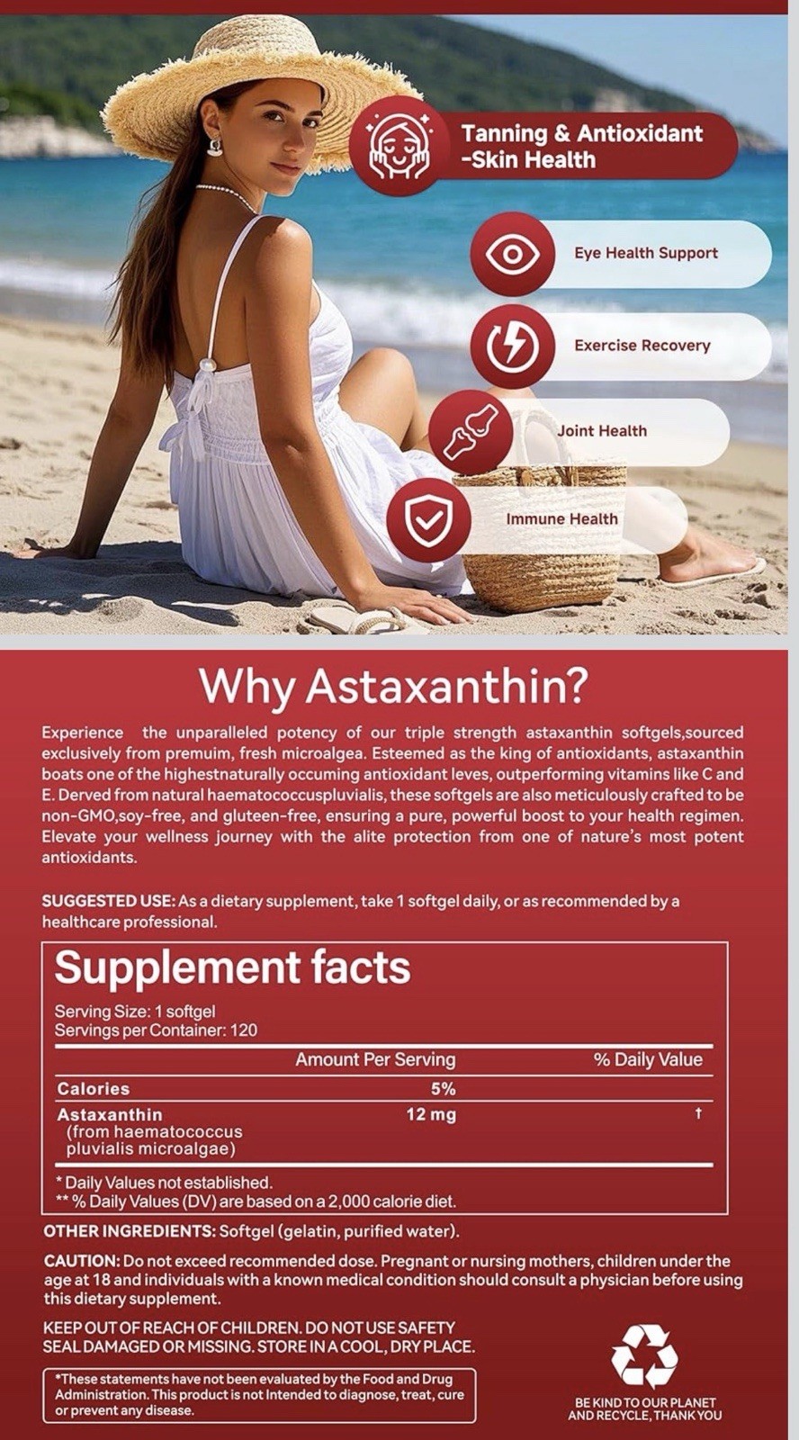 3 pcks Astaxanthin 12mg Antioxidant Softgels 120 ct GMO/Gluten/Soy Free