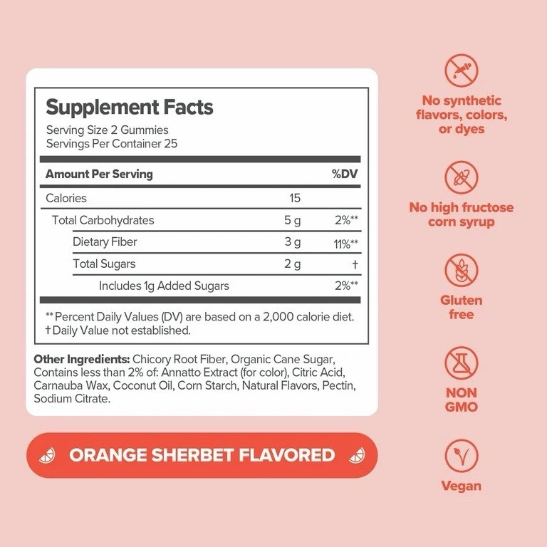 O Positiv URO Prebiotic Fiber Gummies for Digestive Gut Health Sherbet, 50 ct