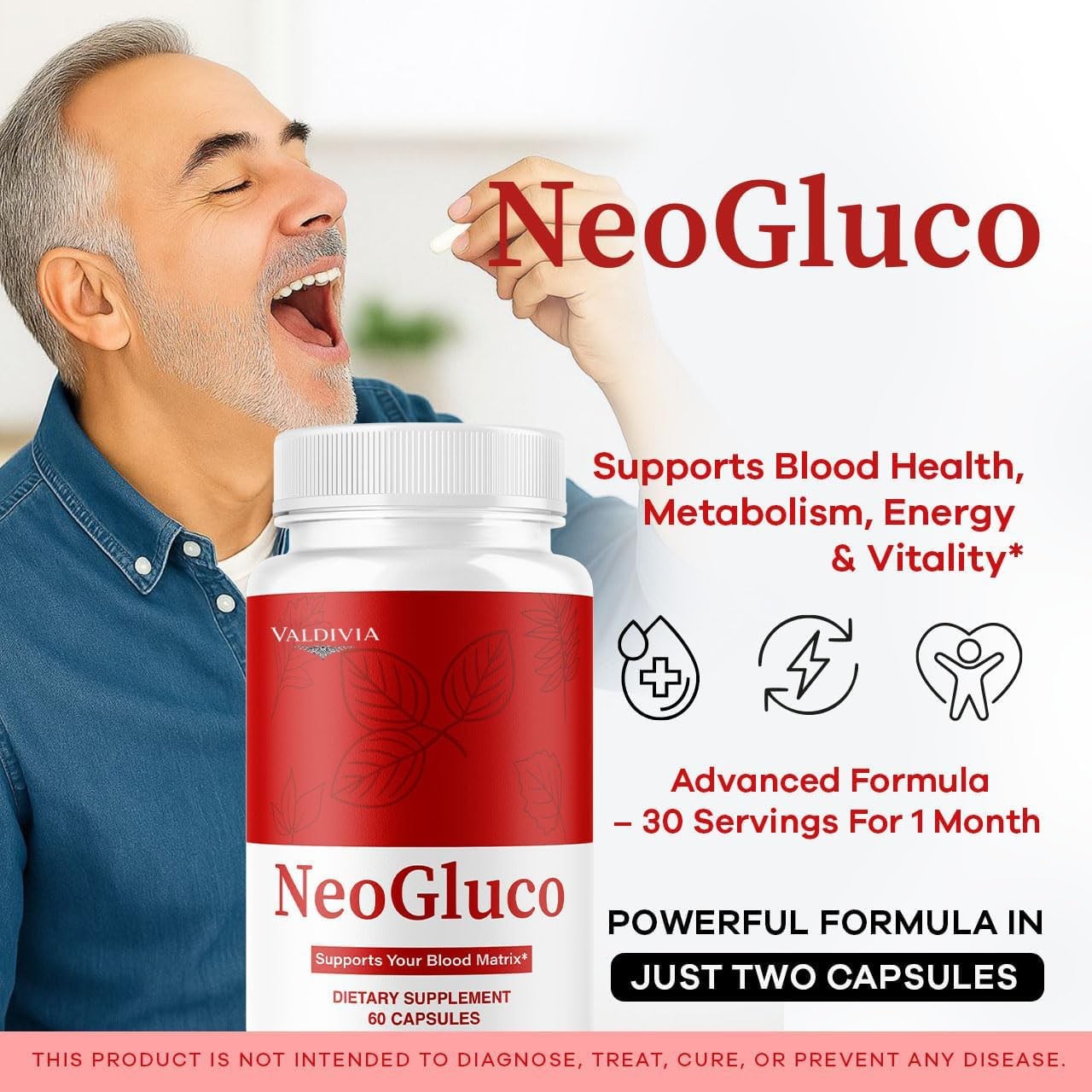 NeoGluco Blood Sugar Support Supplement Capsules Natural 1 Pack 60Ct
