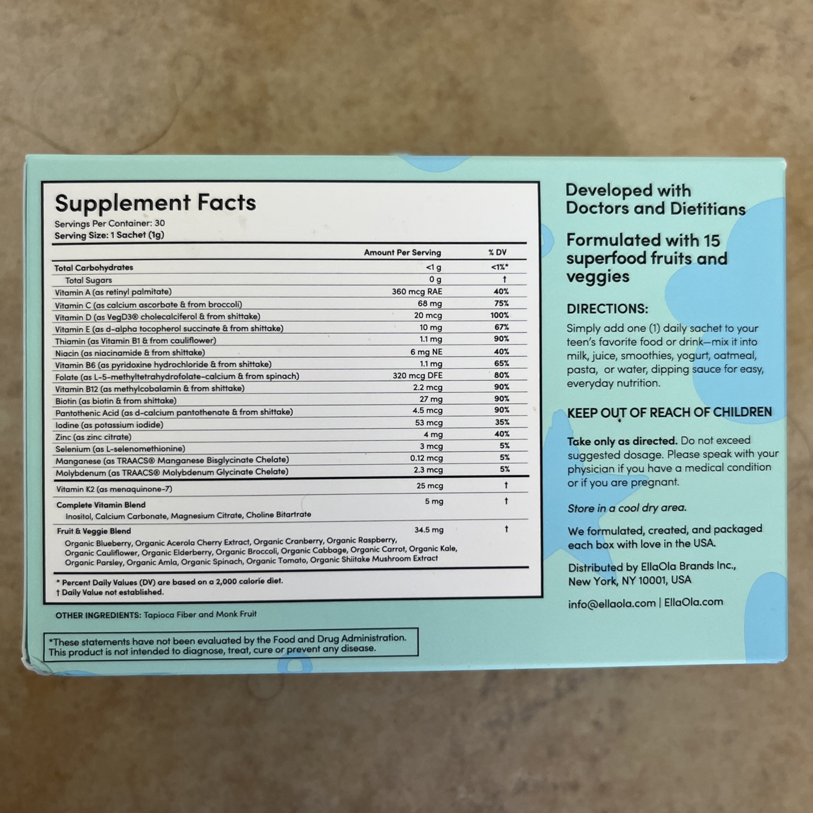 EllaOla Teens Multivitamin Sachets Mixed Fruit Sugar-Free 30 Count