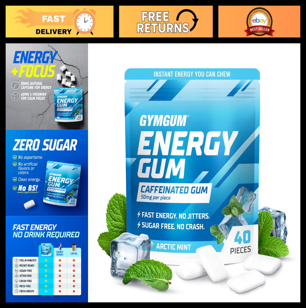 Sugar-Free Caffeine Gum | 50mg Energy Boost | Keto-Friendly Focus Chewing Gum (4