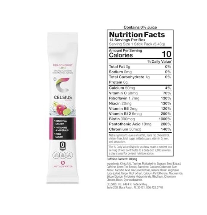 Celsius Essential Energy Dragonfruit Lime Powder Sticks 14 Ct, Zero Sugar