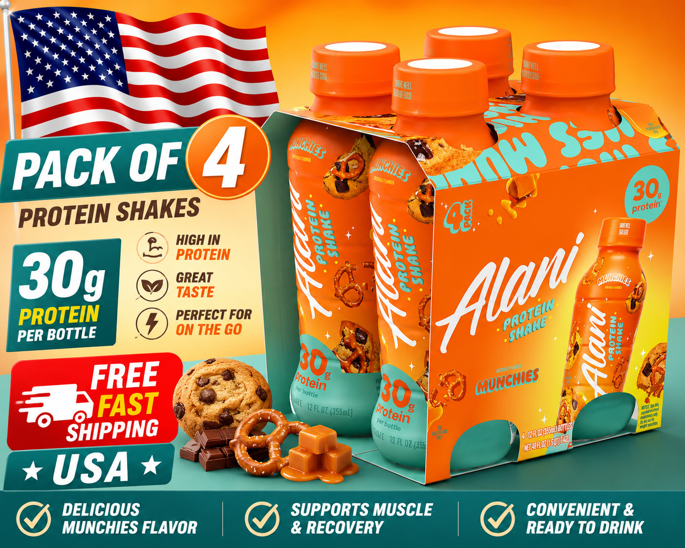 Alani Nu Protein Shake, Munchies, 12 fl oz, 4 Pack, Bottles, 30g Protein, Gluten