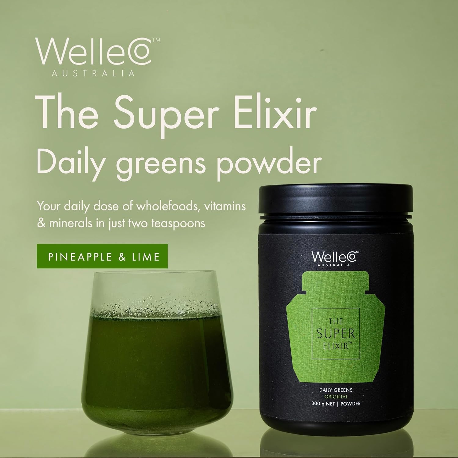 WelleCo The Super Elixir Daily Greens Powder, Probiotic Drink Mix with Whole F