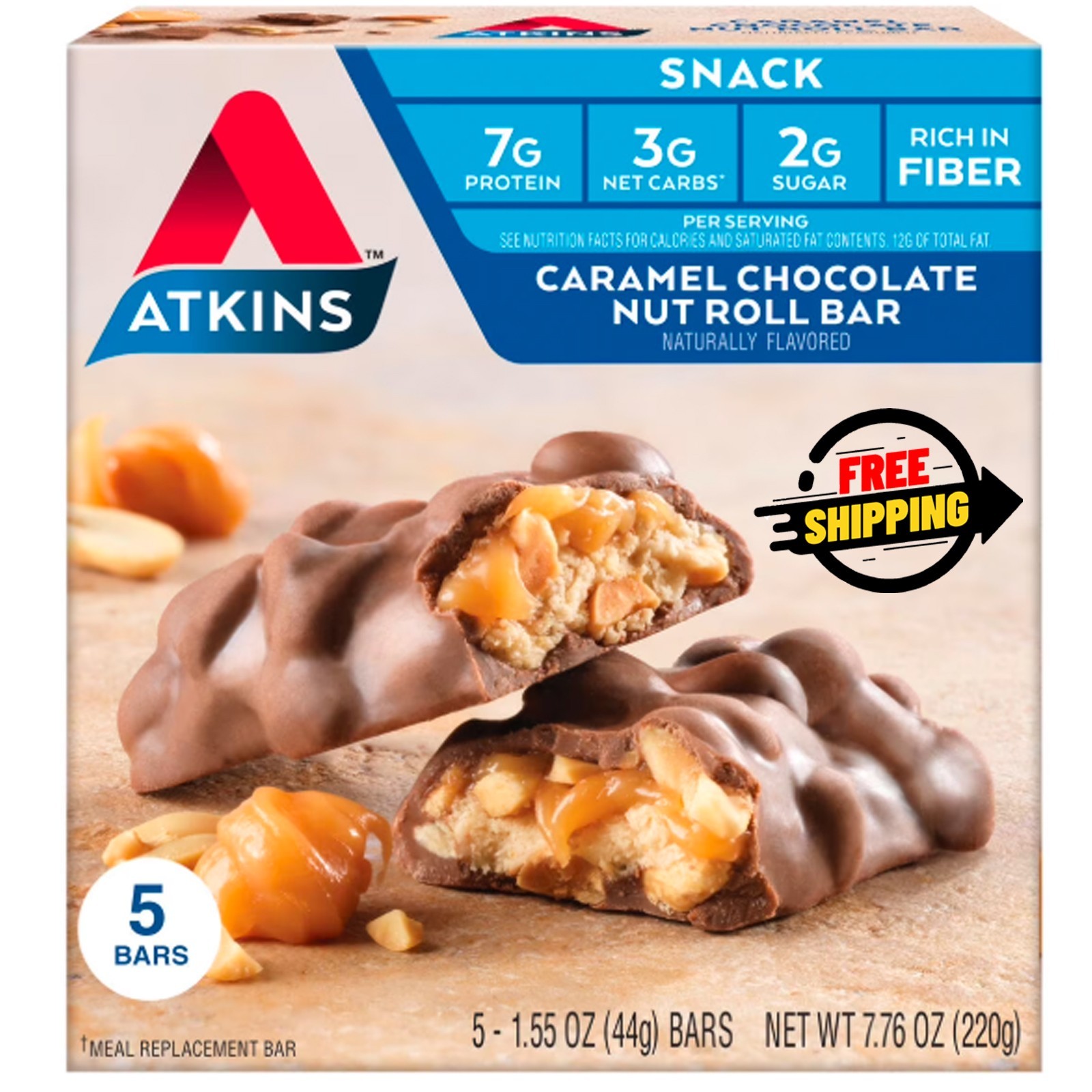 Atkins Snack, Protein Snack Bar, Caramel Chocolate Nut Roll Bars, 7g of Protein