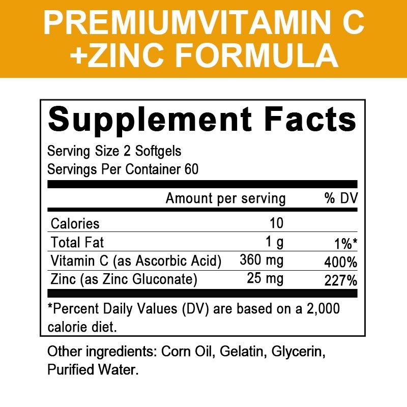 Vitamin C &Zinc Complex Supplement – Immune Support,Skin Health-120 Softgel