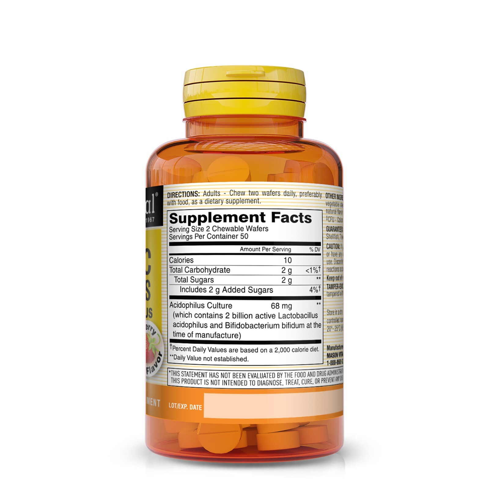 Mason Natural Probiotic Acidophilus w/ Bifidus 2 Billion CFU 100 Chewable Wafers