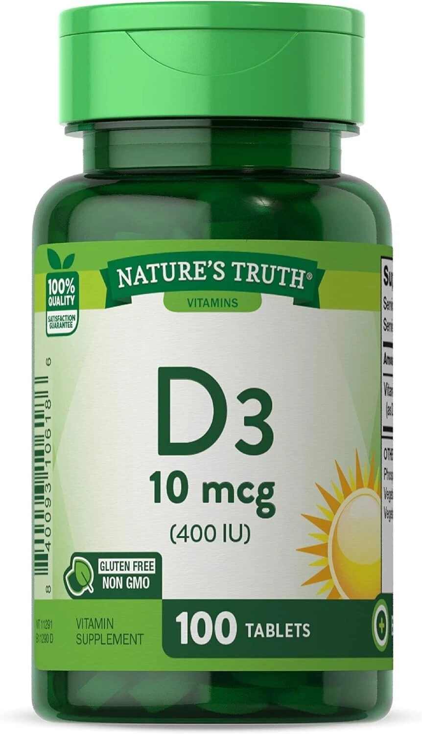 SM Nature’s Truth Vitamin D3 400 IU Gluten Free Tablets 10 mcg 100ct (3 Pack)