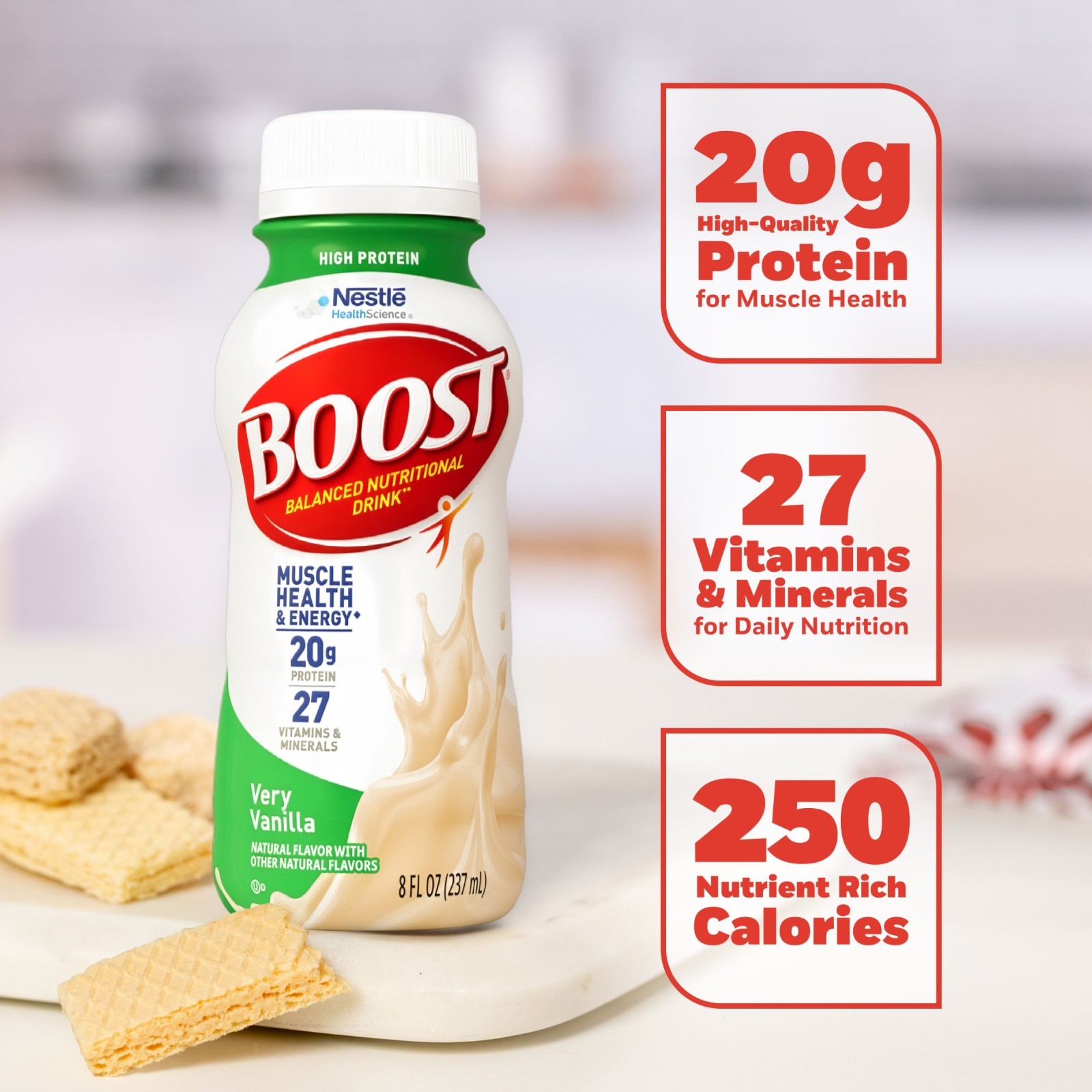 BOOST 20g High Protein Nutritional Drink Shakes, Very Vanilla, 8 fl oz, 15 Pack