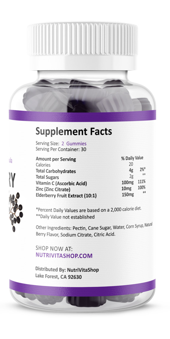 Black Elderberry Gummies Vitamin C Zinc 260mg Natural Berry Flavor Immune Boost