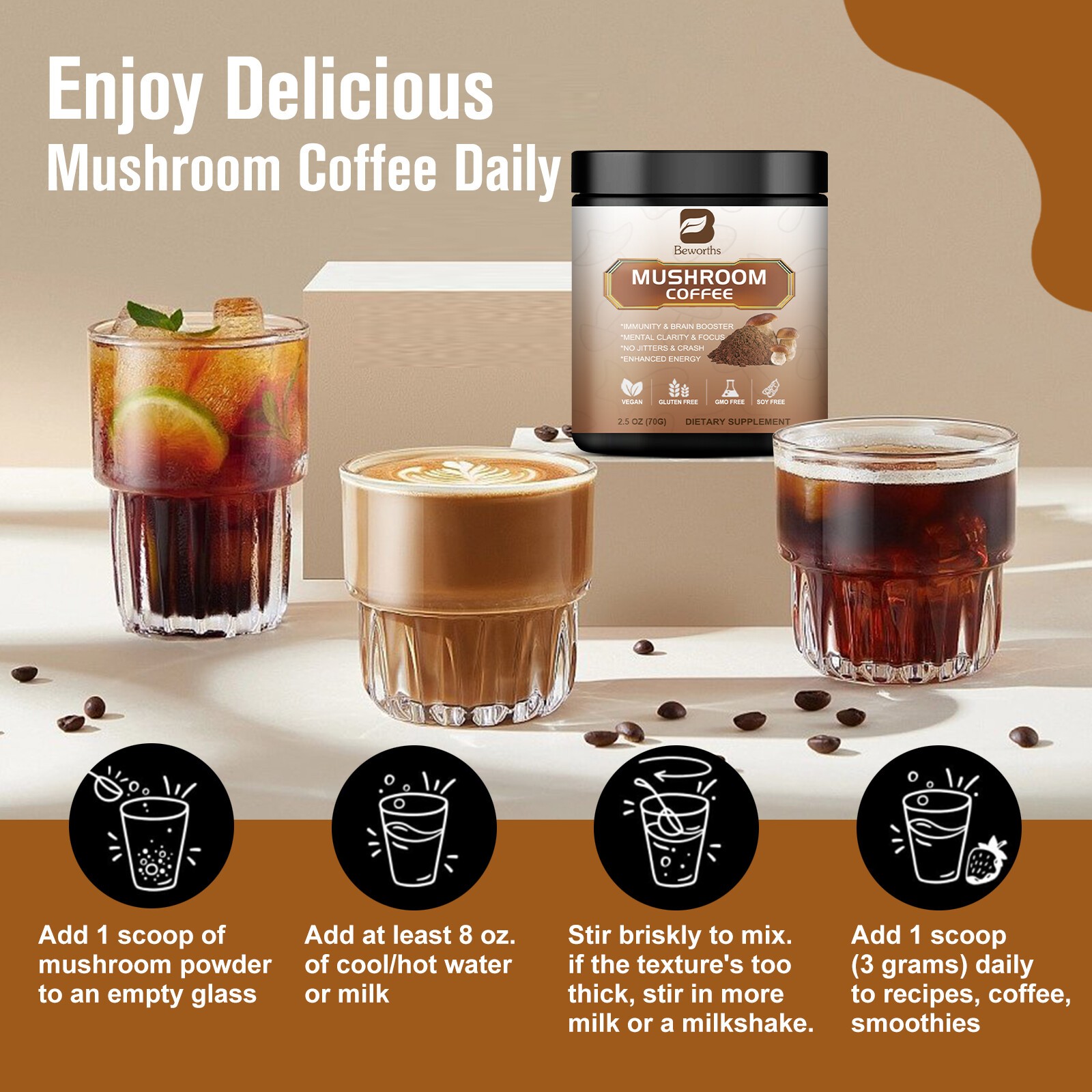 3 Pack Organic Mushroom Coffee Instant Mushroom Coffee Powder 22 Servings in one