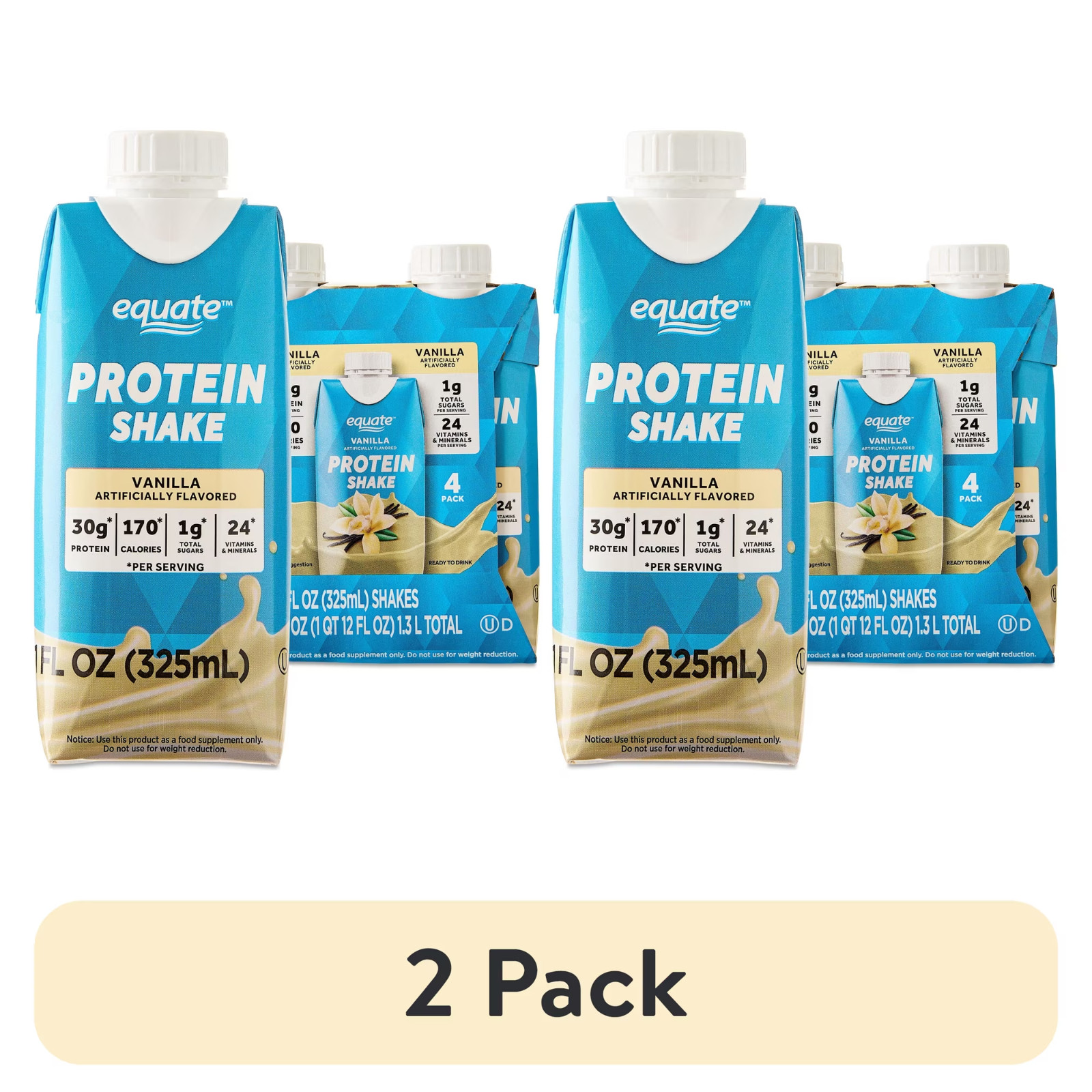 (2 pack) Equate High Performance Protein Shake, Vanilla, 30g Protein, 11 fl oz,