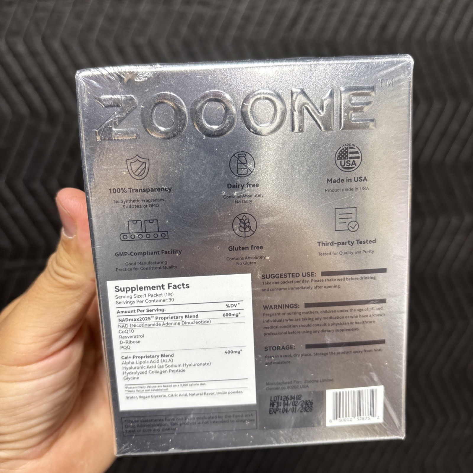Zooone NAD+ Resveratrol CoQ10 D-Ribose PQQ 1000mg 30 packets 10.56 oz Exp 11/27