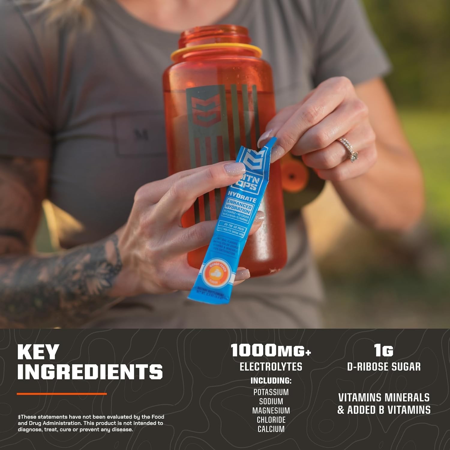 MTN OPS Hydrate Electrolytes Powder Drink Mix,20 Single Serving On-The-Go Electr