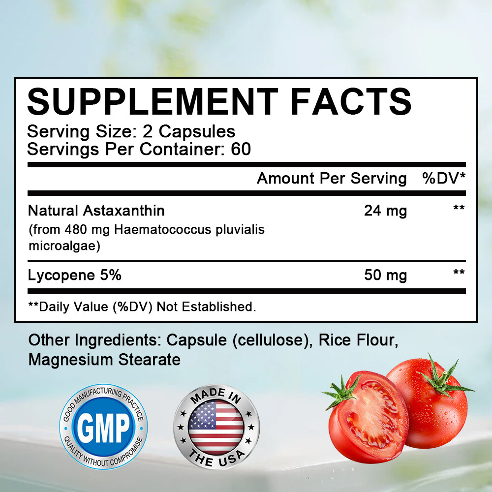 Astaxanthin 24mg + Lycopene 50mg Clinical Strength Carotenoids Skin Supplement
