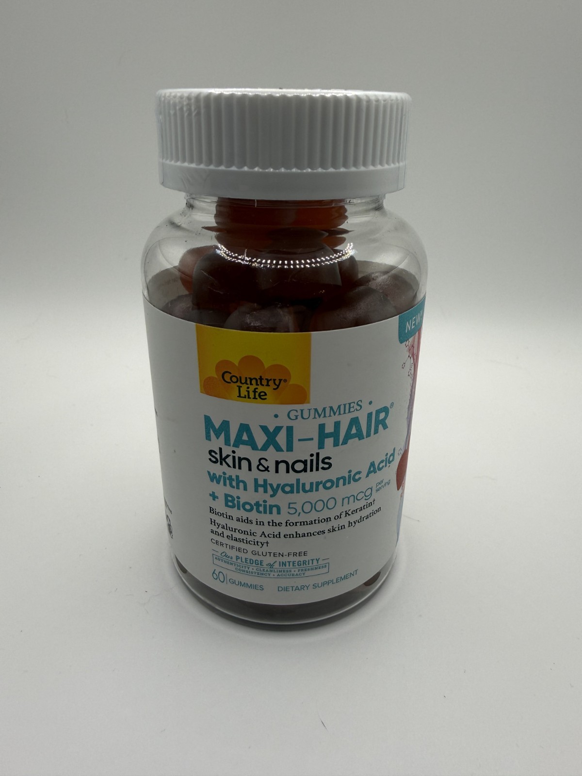 Country Life Maxi-Hair Skin & Nails Hyaluronic Acid + Biotin 60 Gummies – New