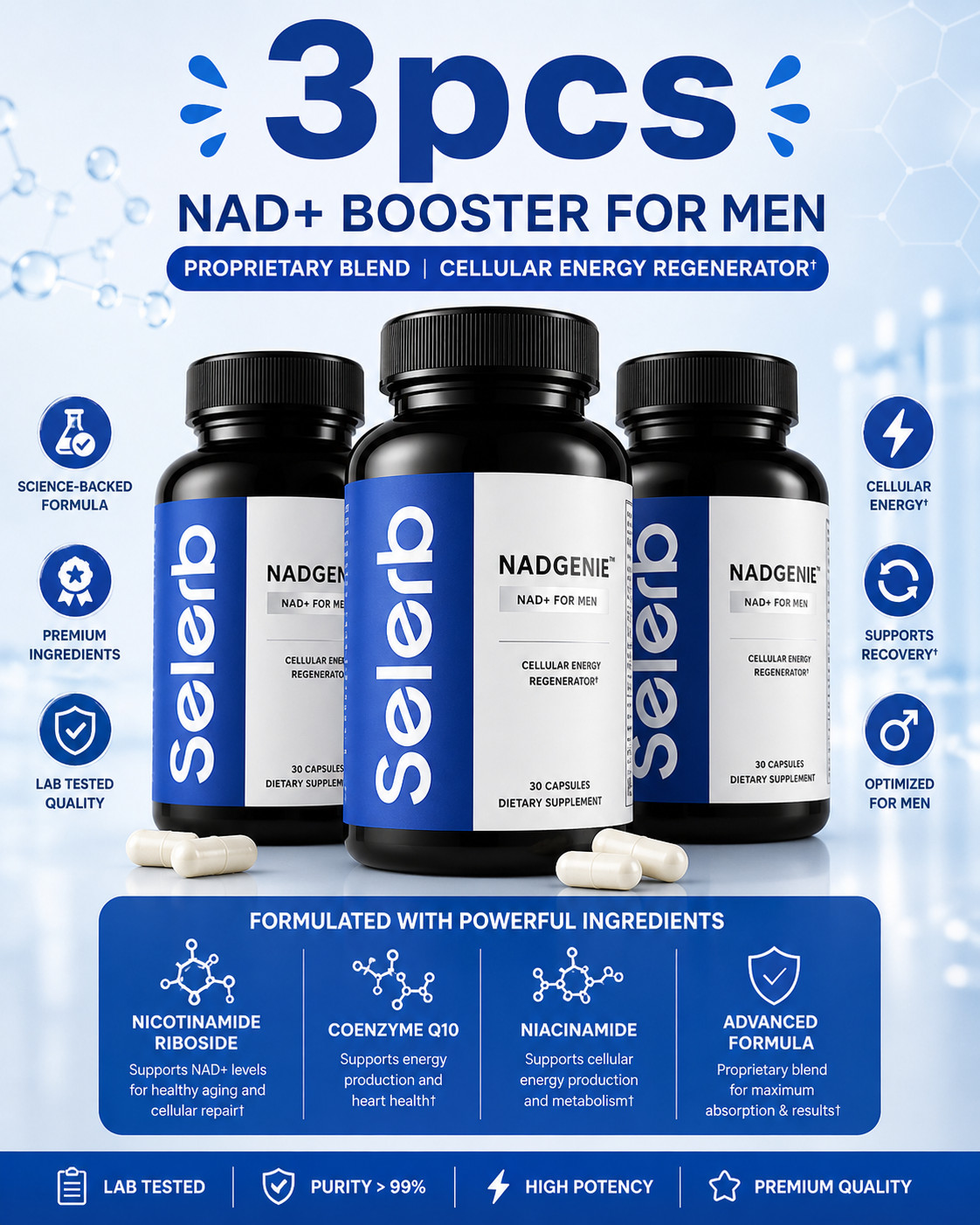 Selerb NAD+ Supplement for Men L-Carnitine, L-Arginine, Maca & Ashwagandha 3pcs