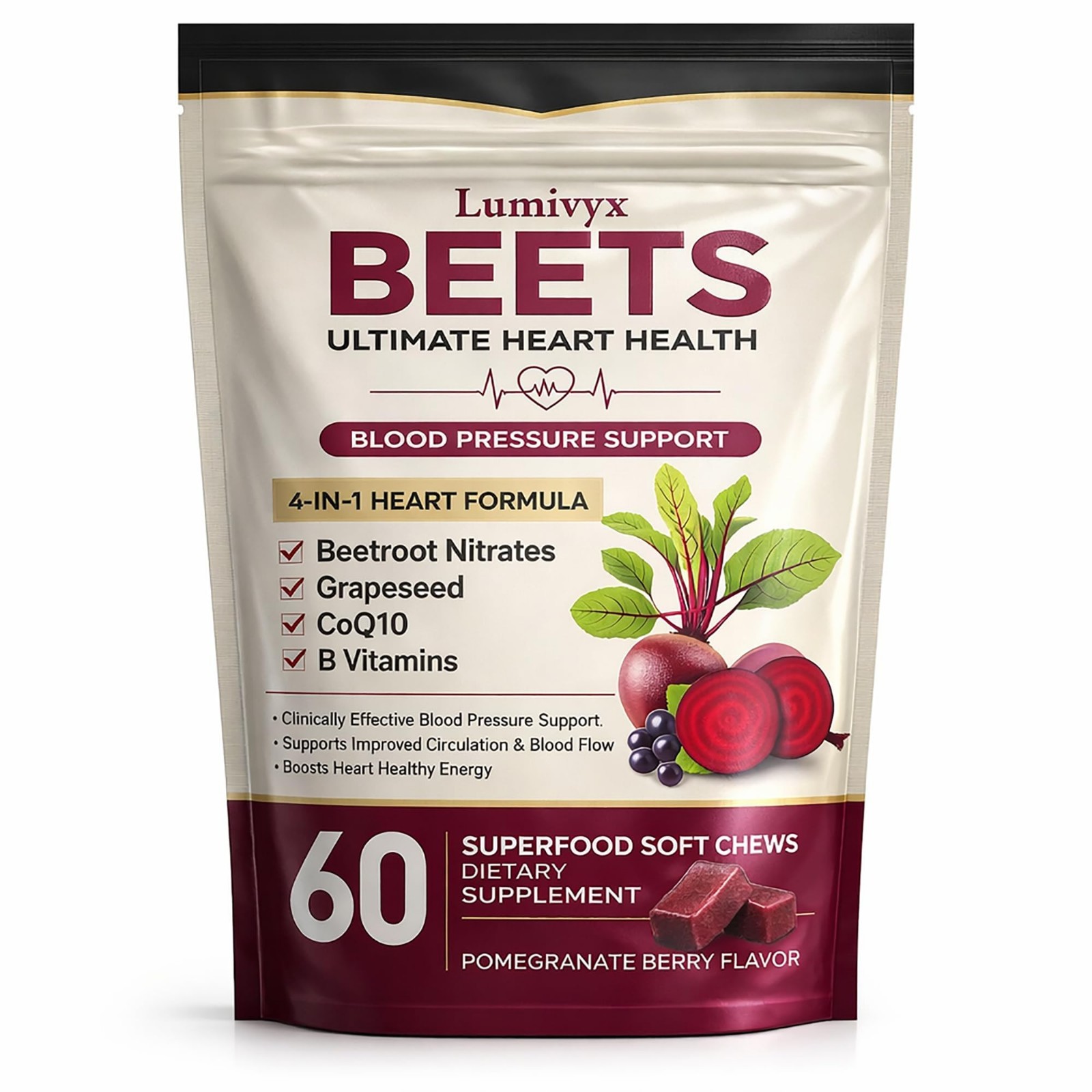 Beet Chews with Grape Seed Extract & CoQ10 – Nitric Oxide Support, Energy Boost,