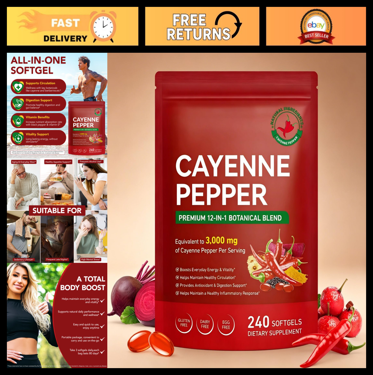 Cayenne Pepper Softgels 240 Count | Non-GMO Beetroot Hawthorn D3 K2 | Heart & Ci