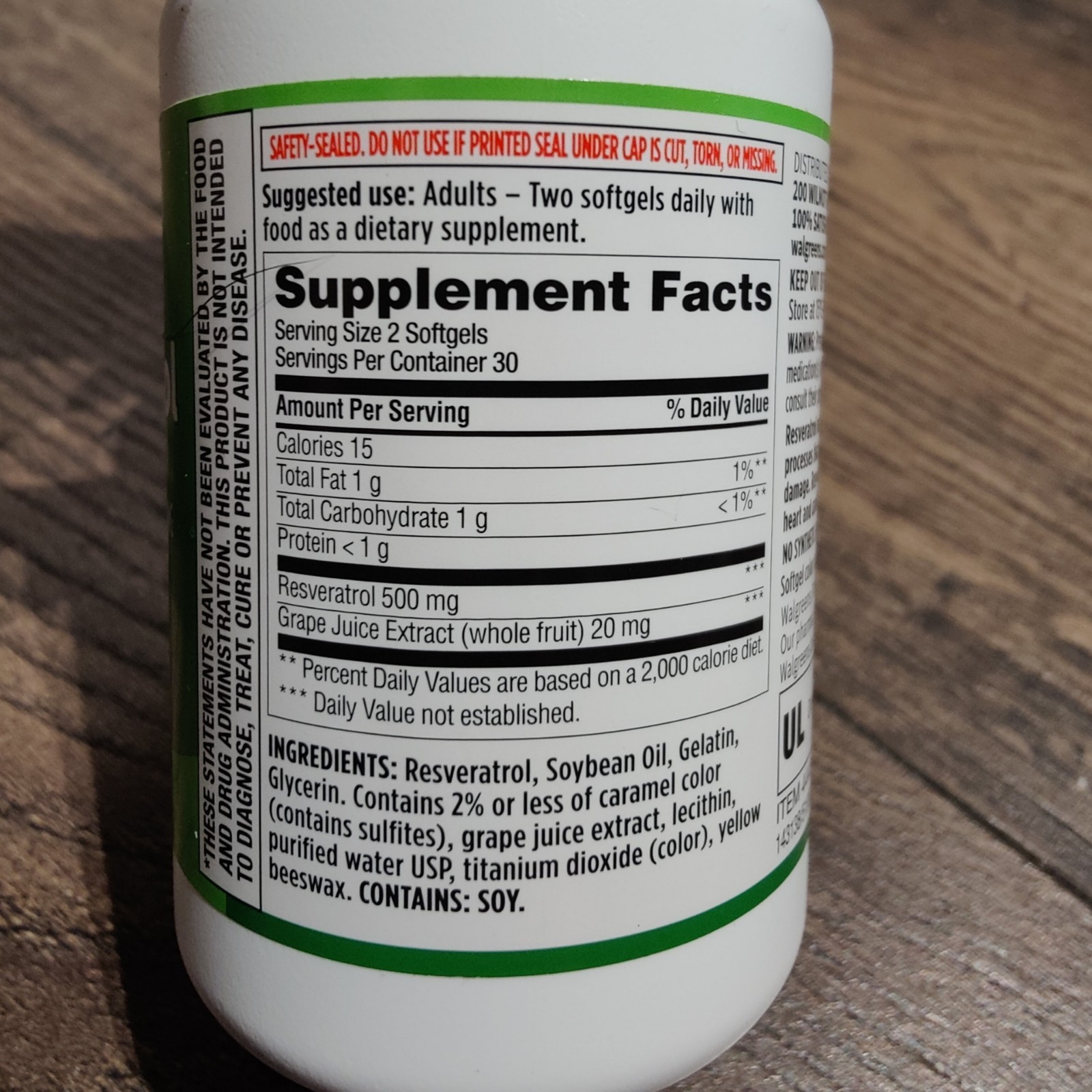 Walgreens Resveratrol 500mg 60 Softgels – Made In USA – 3rd Party Lab Tested