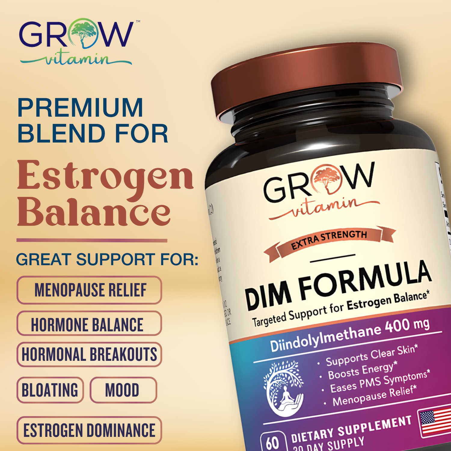 DIM (Diindolylmethane) 400mg with Bioperine, Made in the USA, NON-GMO, 60 CAPS