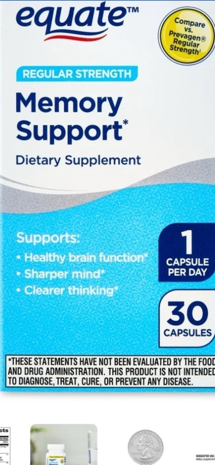 3pk EQUATE MEMORY SUPPORT REGULAR STRENGTH 30 CAPSULES Compare To Prevagen 10/27