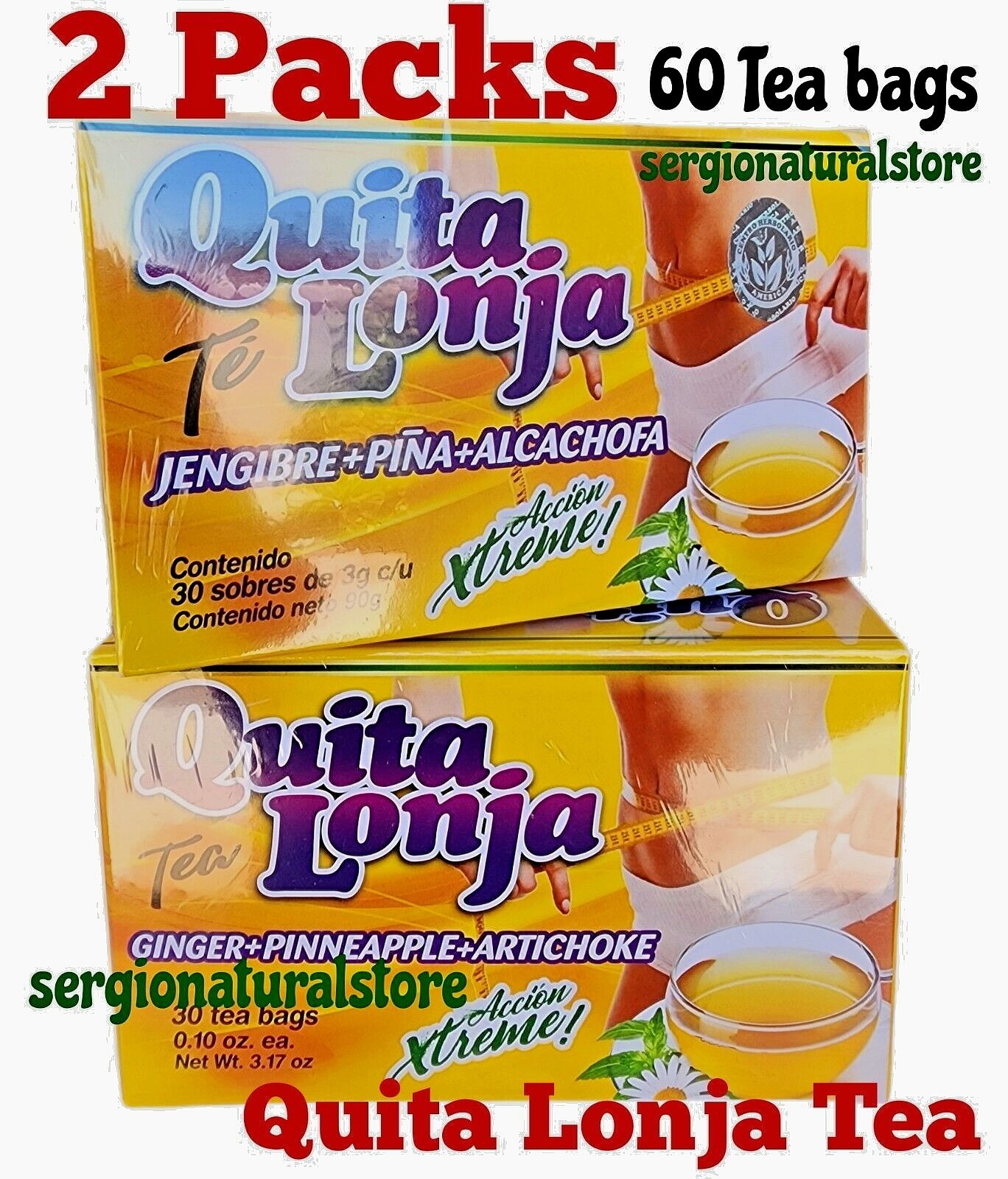 2 Packs TE QUITA LONJA TEA Jegibre + Piña 60 Bag Accion Xtreme Support Efectivo