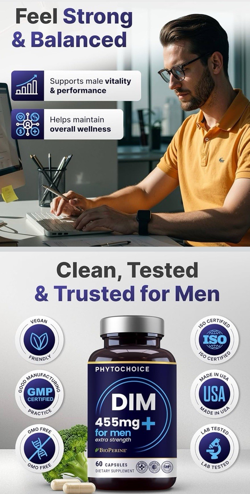 PhytoChoice DIM Diindolylmethane Broccoli Extract 455mg 60 Capsules for Men