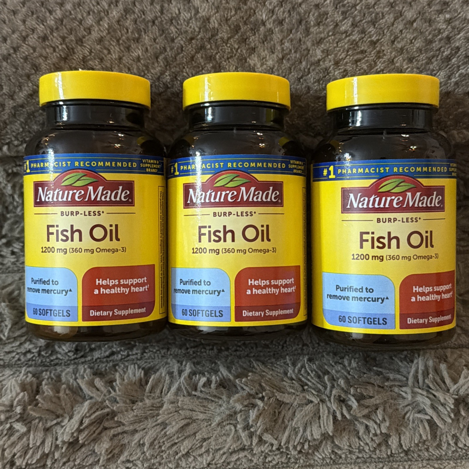 (3X) Nature Made 1200 mg Fish Oil 360 mg Omega-3 , Burp-Less Exp 01/29