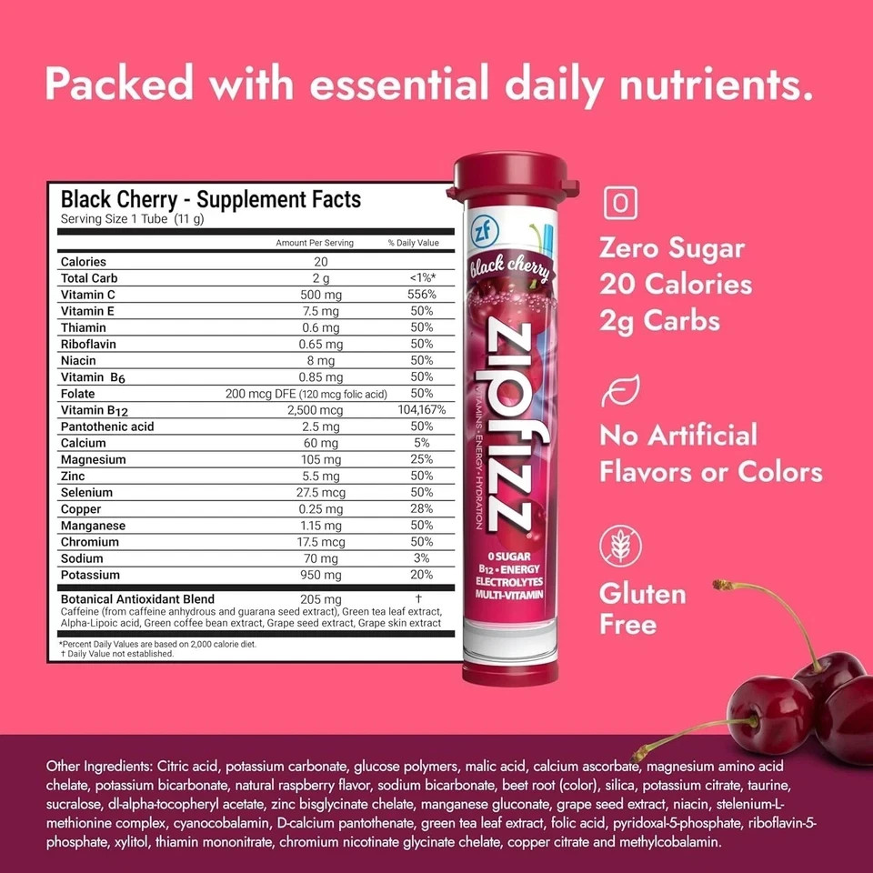 Zipfizz Daily Energy Drink Powder, Black Cherry, 20 Pack 3-in-1 Sustained Energ