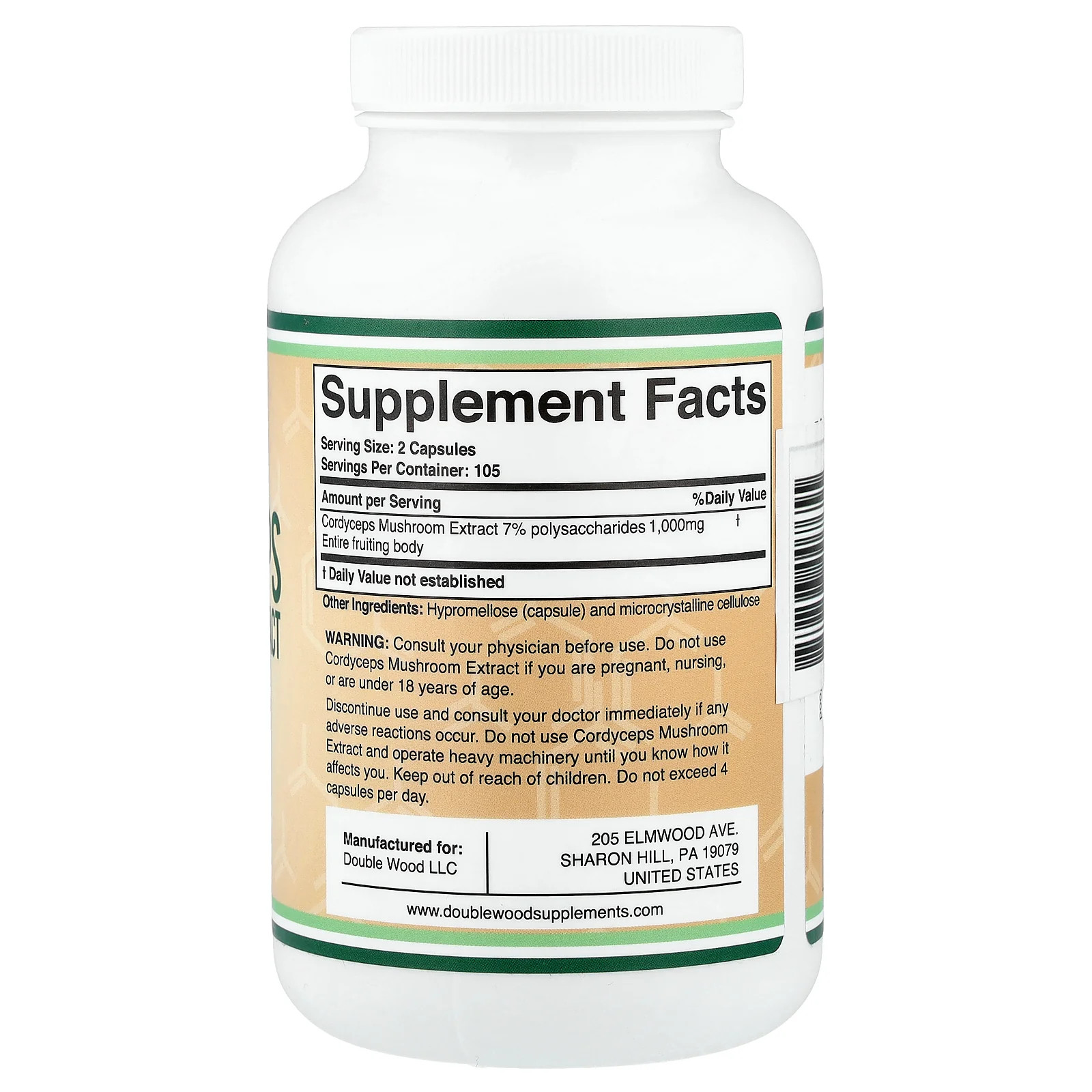 2 X Double Wood Supplements, Cordyceps Mushroom Extract, 210 Capsules (500 mg p