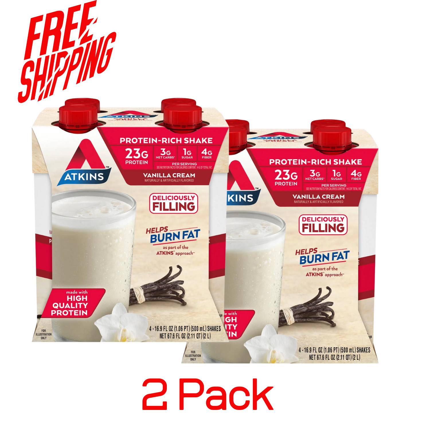 2-Pack Atkins Meal Size Protein-Rich Shake, Vanilla Cream, Keto Friendly 4 Count