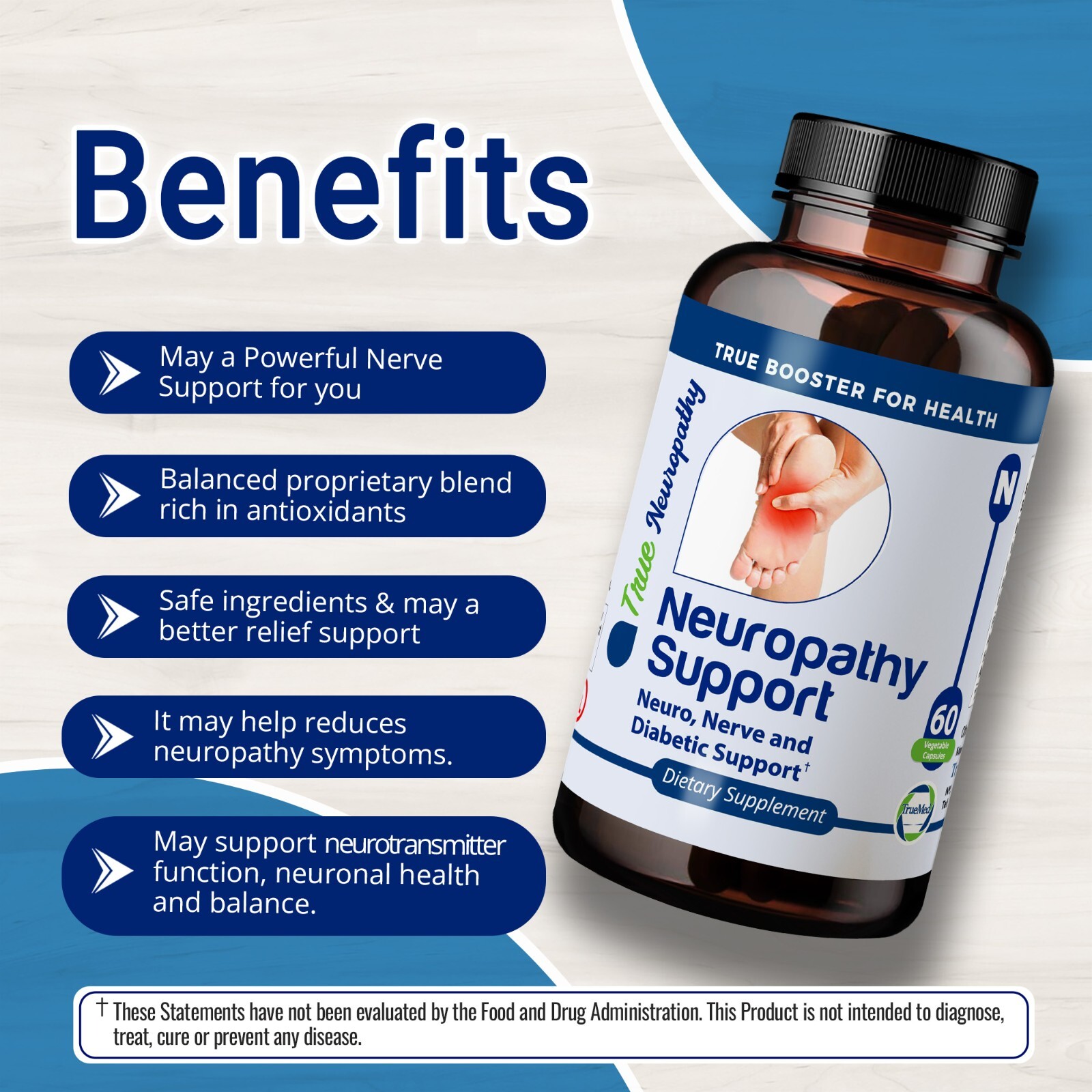 TrueMed Neuropathy Support Nerve, Foot Pain Vitamin D3, Supplement 60 Capsules