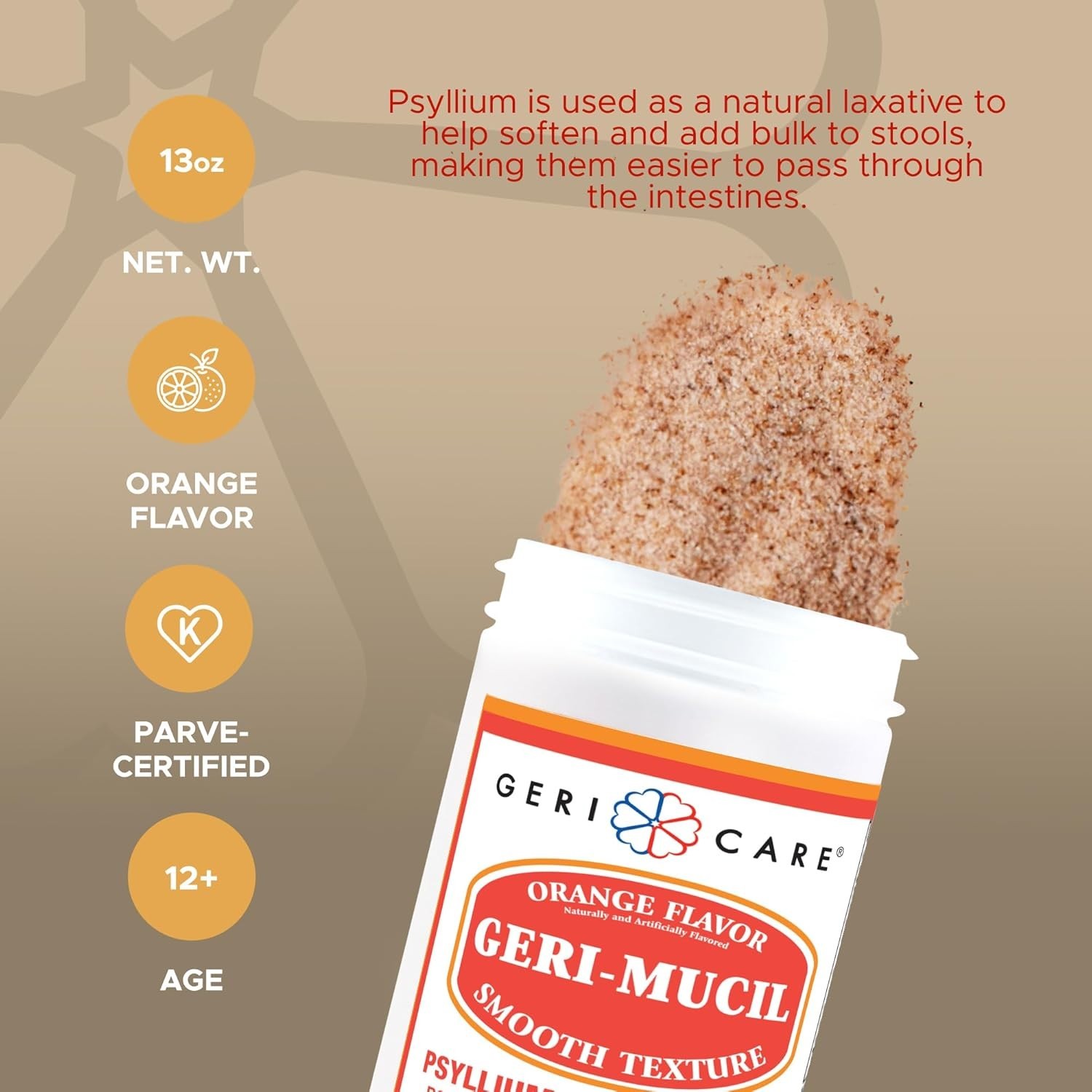 Geri-Mucil Psyllium Husk Powder – 4-in-1 Orange Fiber Supplement, 13oz (2 Pack)