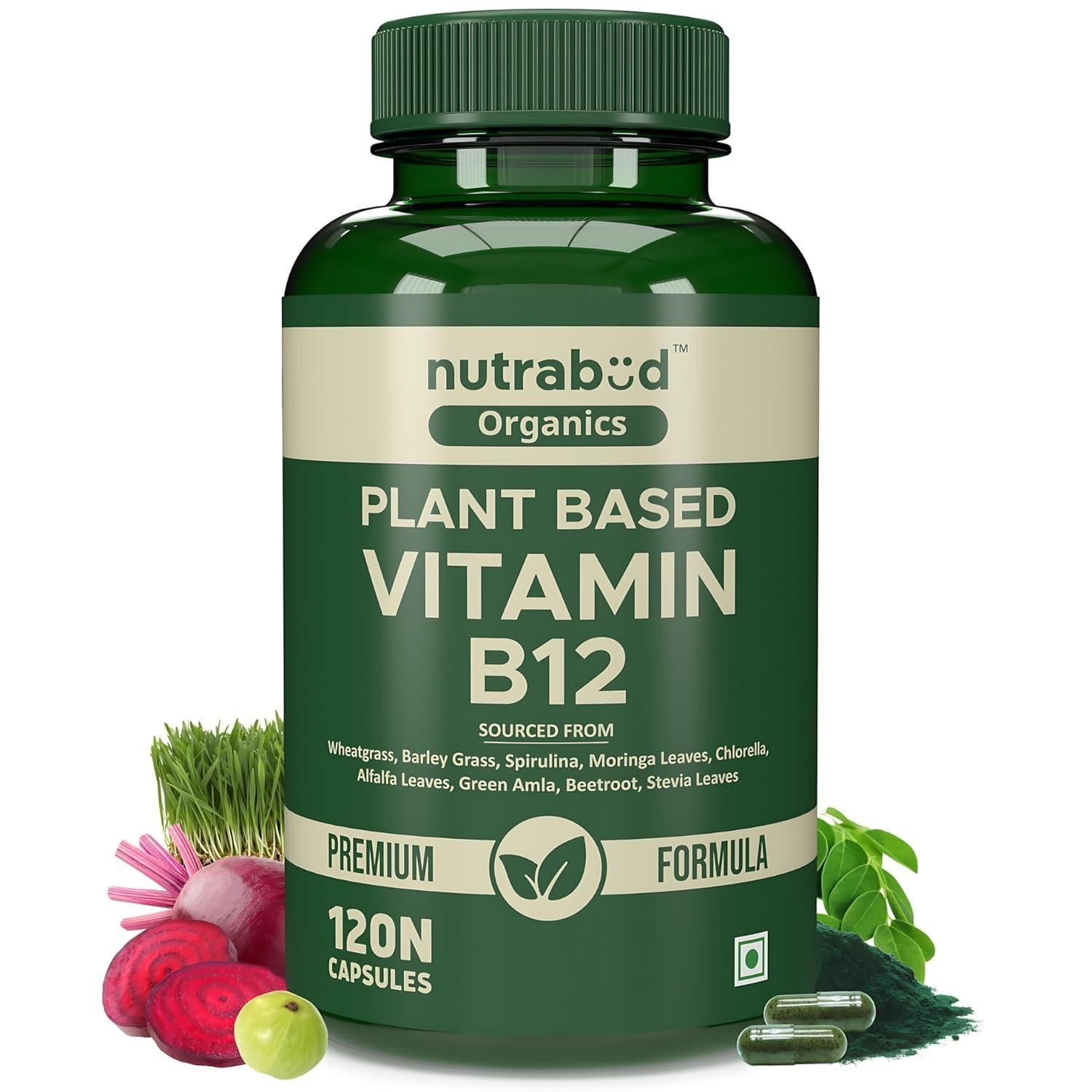 Nutrabud Organics Plant Based Vitamin B12 Supplement for Men Women 120 Capsules