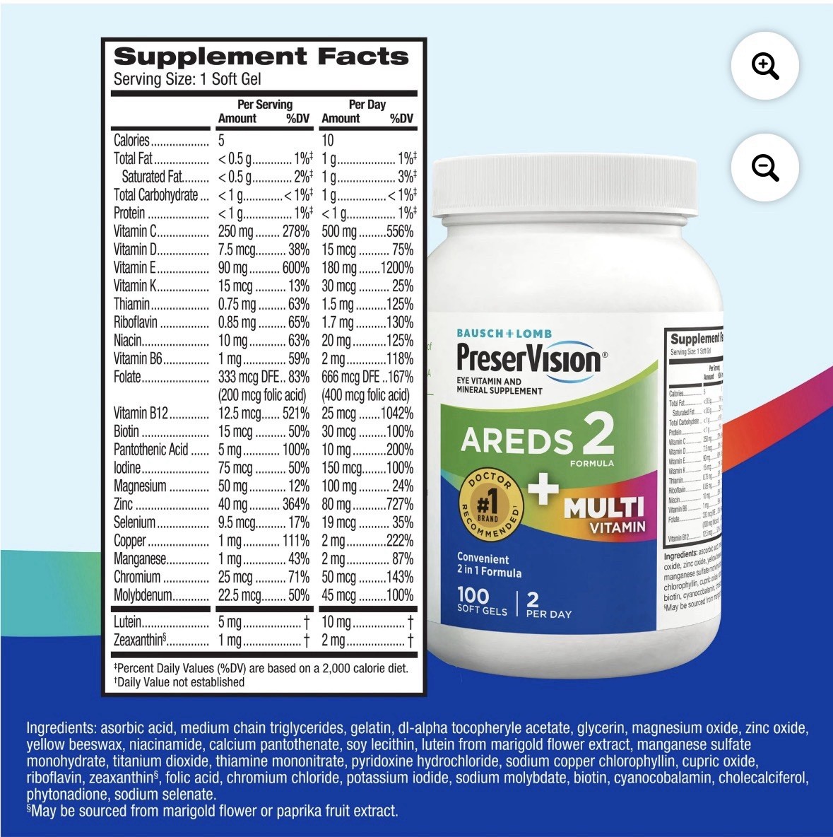 PreserVision AREDS 2 2-in-1 Eye Health Multivitamin 100 Softgels 2/Day